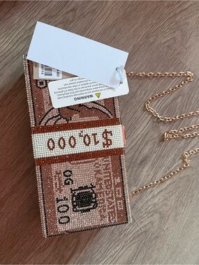 Crystal-Embellished Rose Gold Phone Crossbody Case with Chain Strap